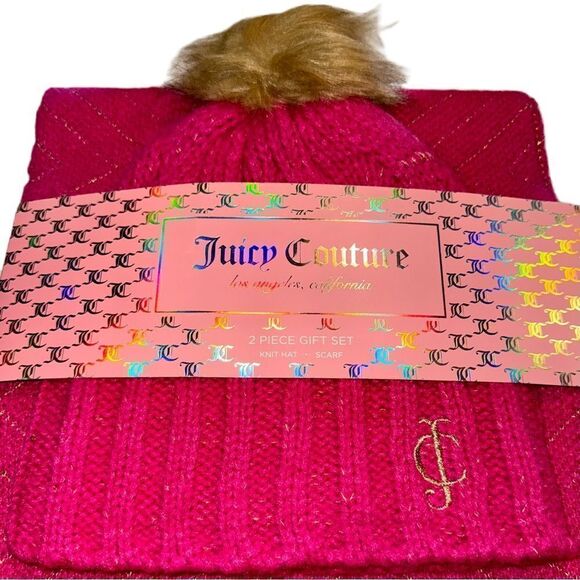 Juicy Couture 2 Piece Hot Pink Knit Hat & Scarf Gift Set Faux Fur Pom Pom Beanie - Picture 9 of 10